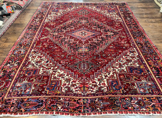 Persian Heriz Rug 9x11 ft, Geometric Rug 9 x 11, Red Room Sized Semi Antique Vintage Wool Hand Knotted Oriental Carpet - Nuvé