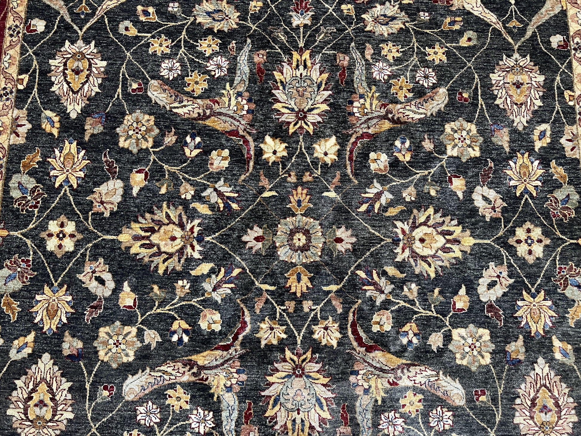 Pak Persian Mahal Rug 9x12, Allover Floral Pakistani Oriental Carpet 9 x 12, Wool Hand Knotted Area Rug, Dark Slate Gray-Black and Maroon - Nuvé