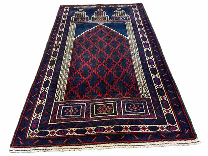 3x5 Vintage Handmade Tribal Wool Rug Balouchi Prayer Rug Afghan Rug Red Blue Wow - Nuvé