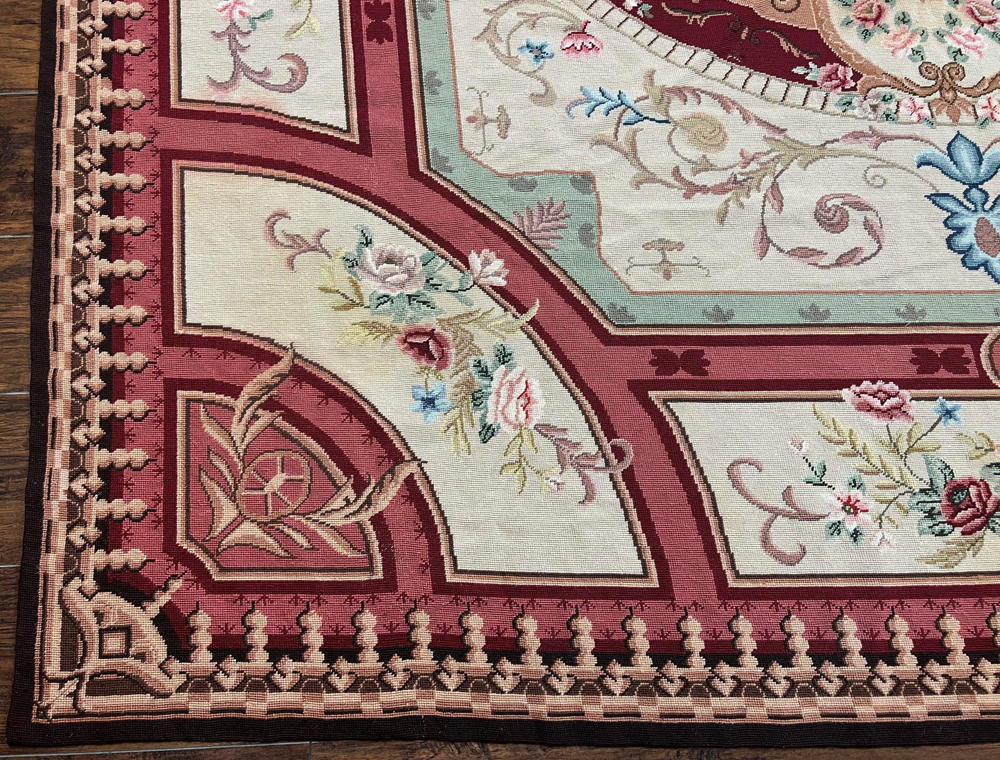 Needlepoint Rug 7.9 x 9, Beige Maroon Rose, Handmade Handwoven Flatweave Aubusson Savonnerie French European Elegant Carpet, Wool Rug - Nuvé