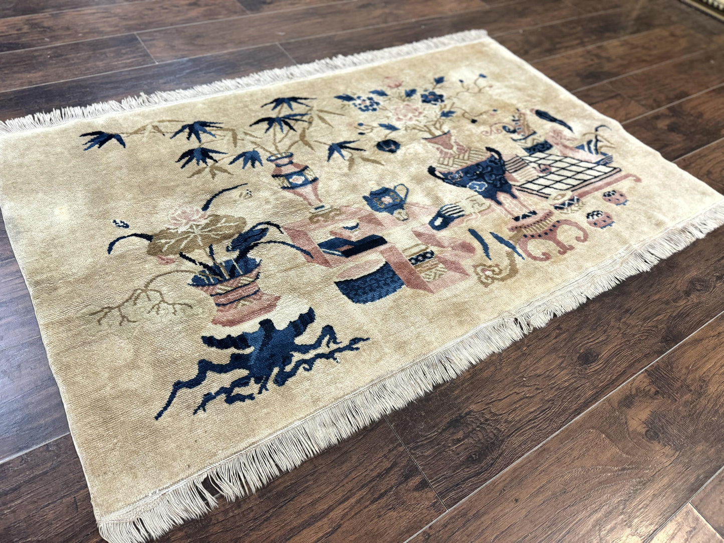 Chinese Rug 5x3, Horizontal Rug, Vases Flowers, Handmade Antique Vintage Carpet, Peking Rug, Chinese Wool Rug - Nuvé