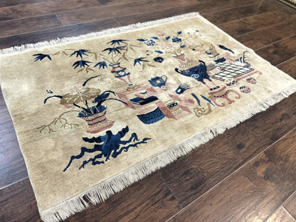 Chinese Rug 5x3, Horizontal Rug, Vases Flowers, Handmade Antique Vintage Carpet, Peking Rug, Chinese Wool Rug - Nuvé