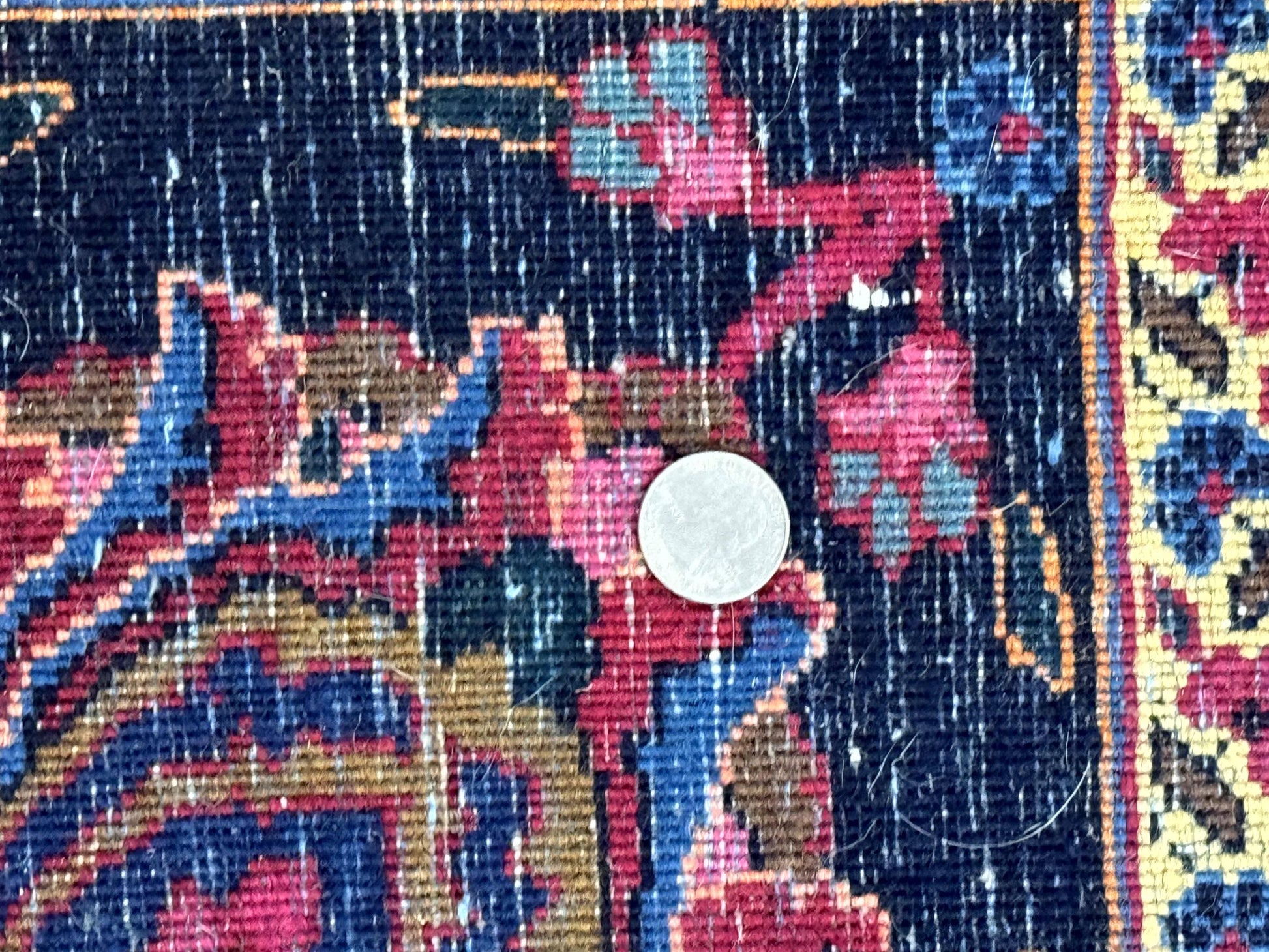 Palace Size Persian Mashad Rug 12x16, Raspberry and Navy Blue, Signature from Master Weaver, Antique Handmade Large Wool Carpet - Nuvé