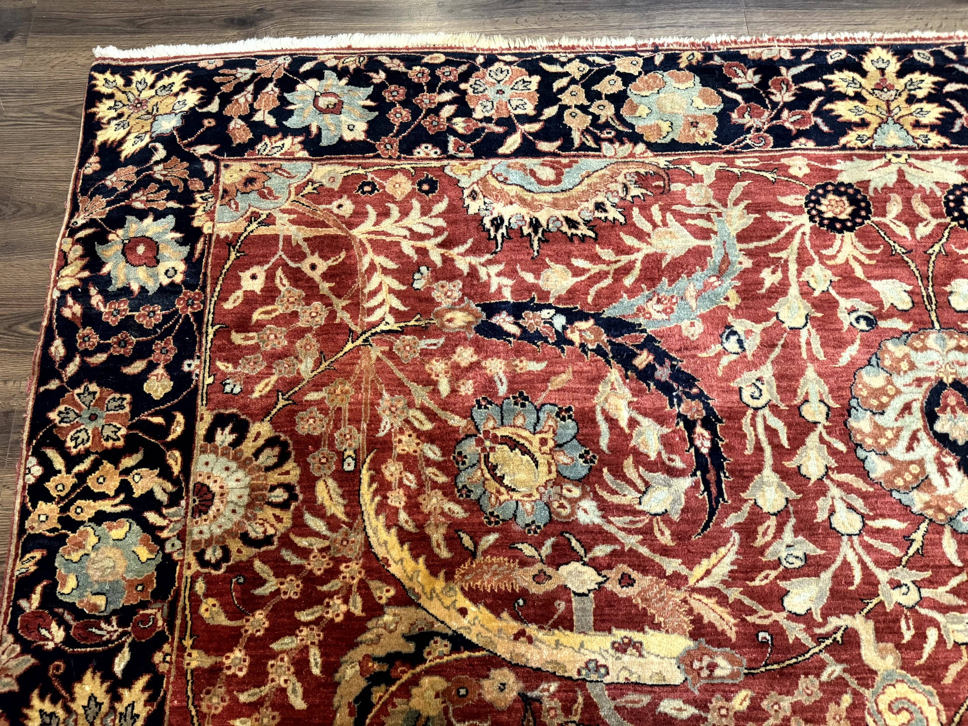 Indian Agra Rug 9x11, Terracotta and Navy Blue, Sickle Leaf Rug - Nuvé