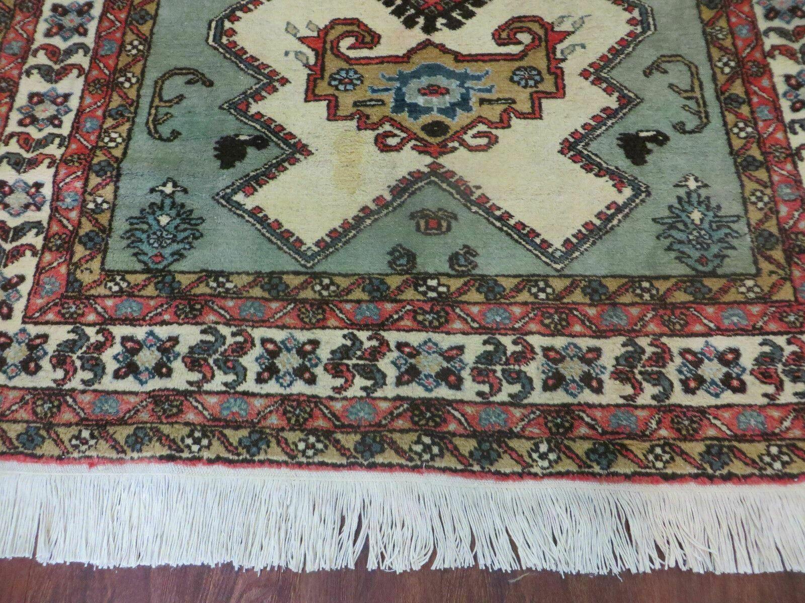 4' X 7' Vintage Handmade Knotted Rug India Caucasian Wool Soft Green Organic - Nuvé
