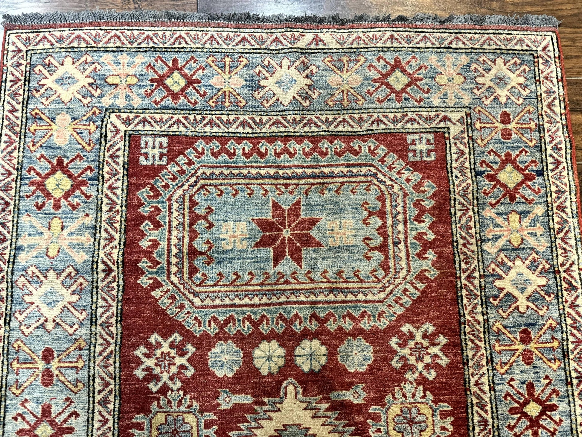 Turkish Kazak Rug 4x6, Handmade Vintage Wool Carpet, Geometric Design, Red and Light Blue - Nuvé