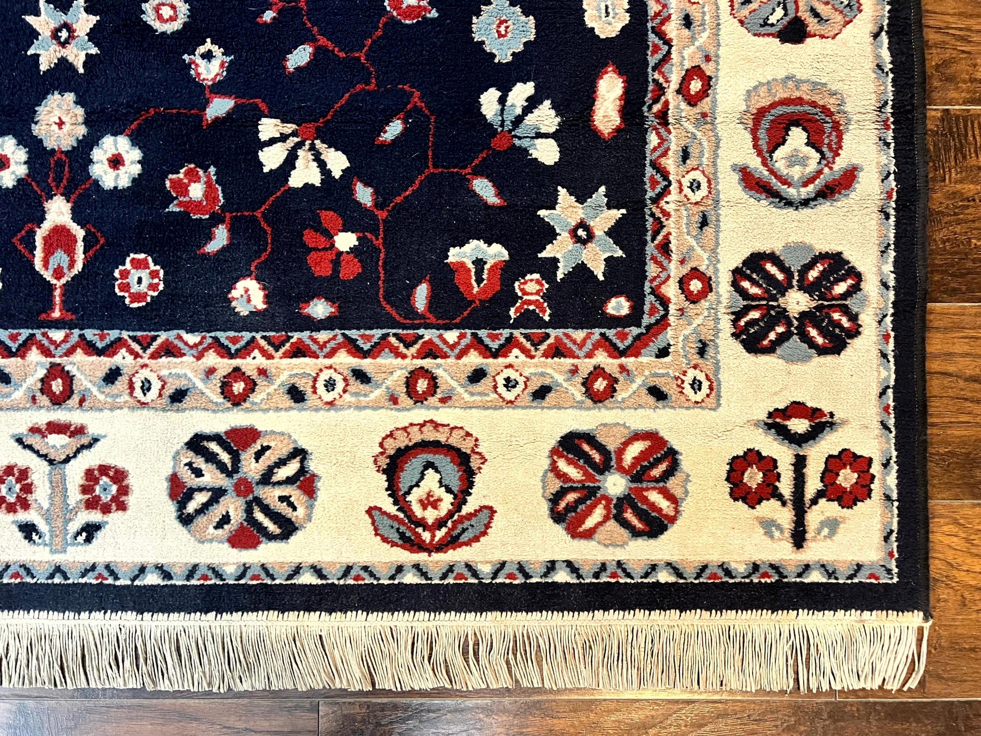 Belgium Power Loomed Rug 5.6 x 7, Navy Blue and Ivory, Heriz Pattern, Vintage Oriental Carpet - Nuvé