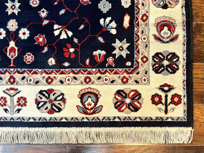 Belgium Power Loomed Rug 5.6 x 7, Navy Blue and Ivory, Heriz Pattern, Vintage Oriental Carpet - Nuvé