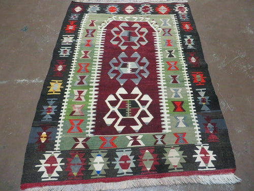3' 8" X 5' Vintage Turkish Kilim Handmade Flat Weave Wool Rug Veg Dyes - Nuvé