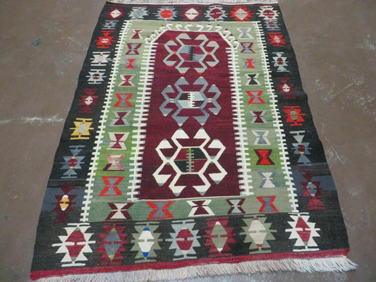 3' 8" X 5' Vintage Turkish Kilim Handmade Flat Weave Wool Rug Veg Dyes - Nuvé