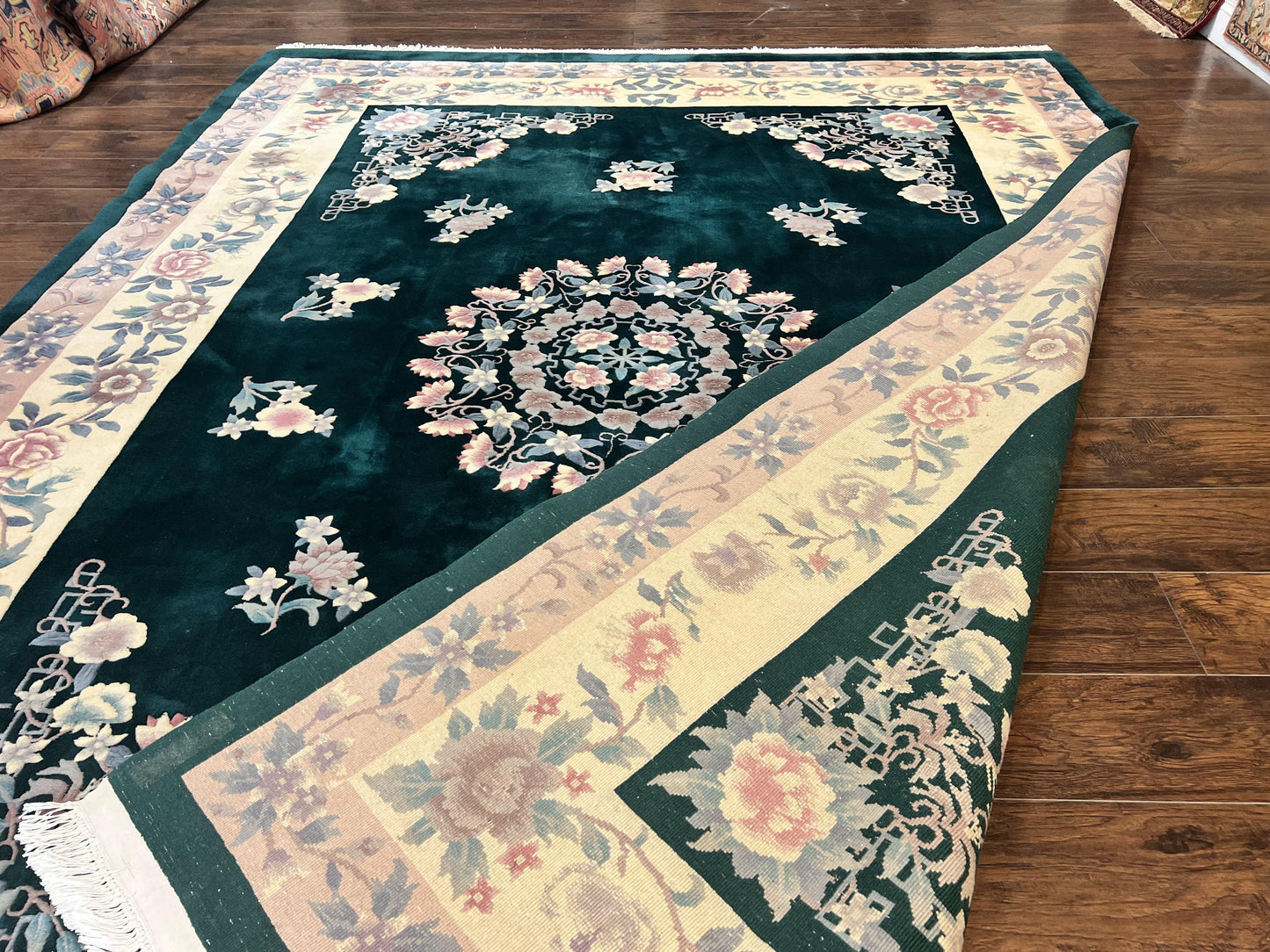 Chinese Art Deco Rug 9x12, Wool Hand Knotted Vintage Carpet, Dark Green & Cream, 90 Line Carving Rug - Nuvé