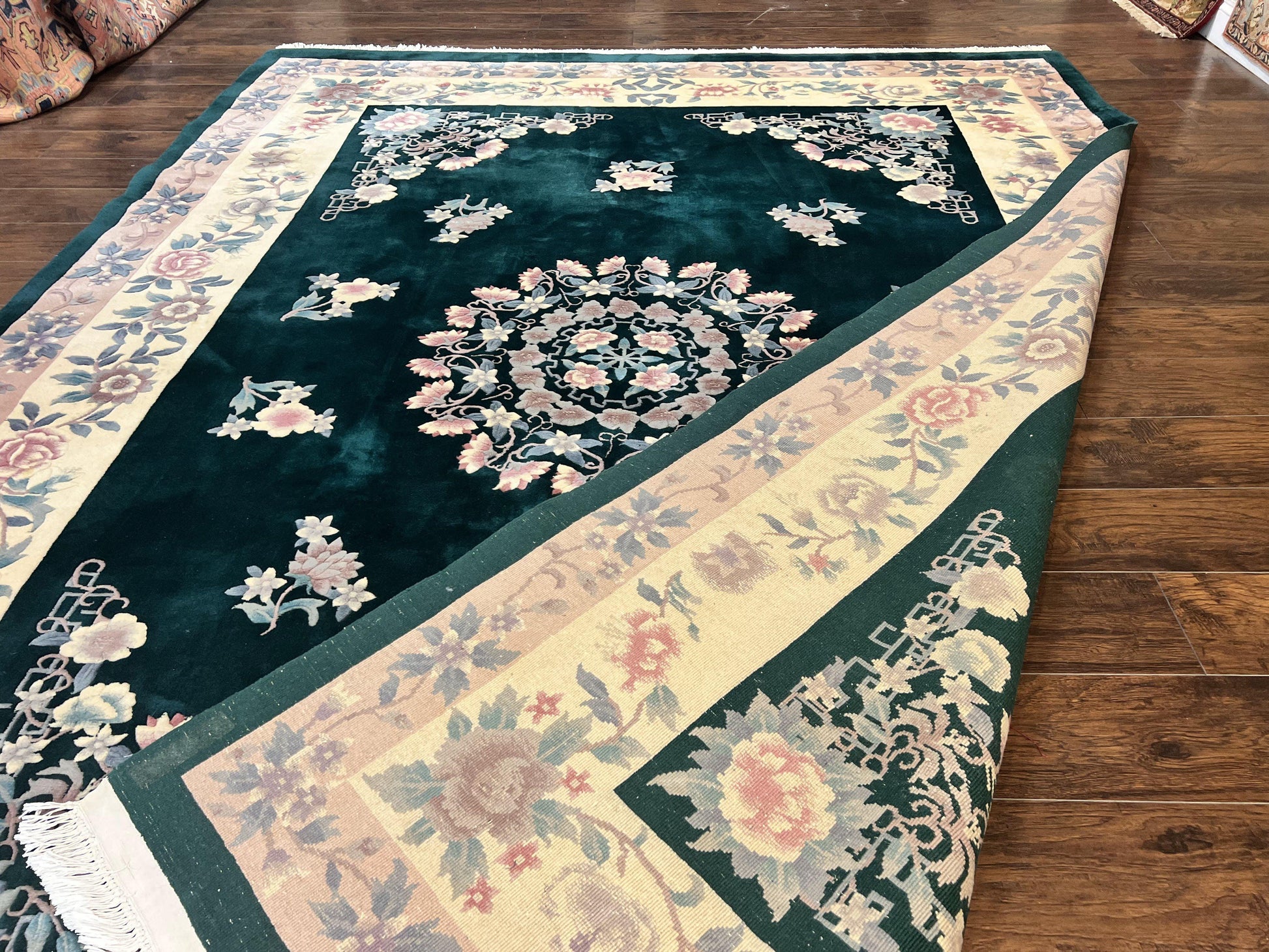 Chinese Art Deco Rug 9x12, Wool Hand Knotted Vintage Carpet, Dark Green & Cream, 90 Line Carving Rug - Nuvé
