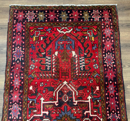 Persian Heriz Karajeh Runner Rug 3.7 x 12, Geometric Medallions, Red and Navy Blue - Nuvé