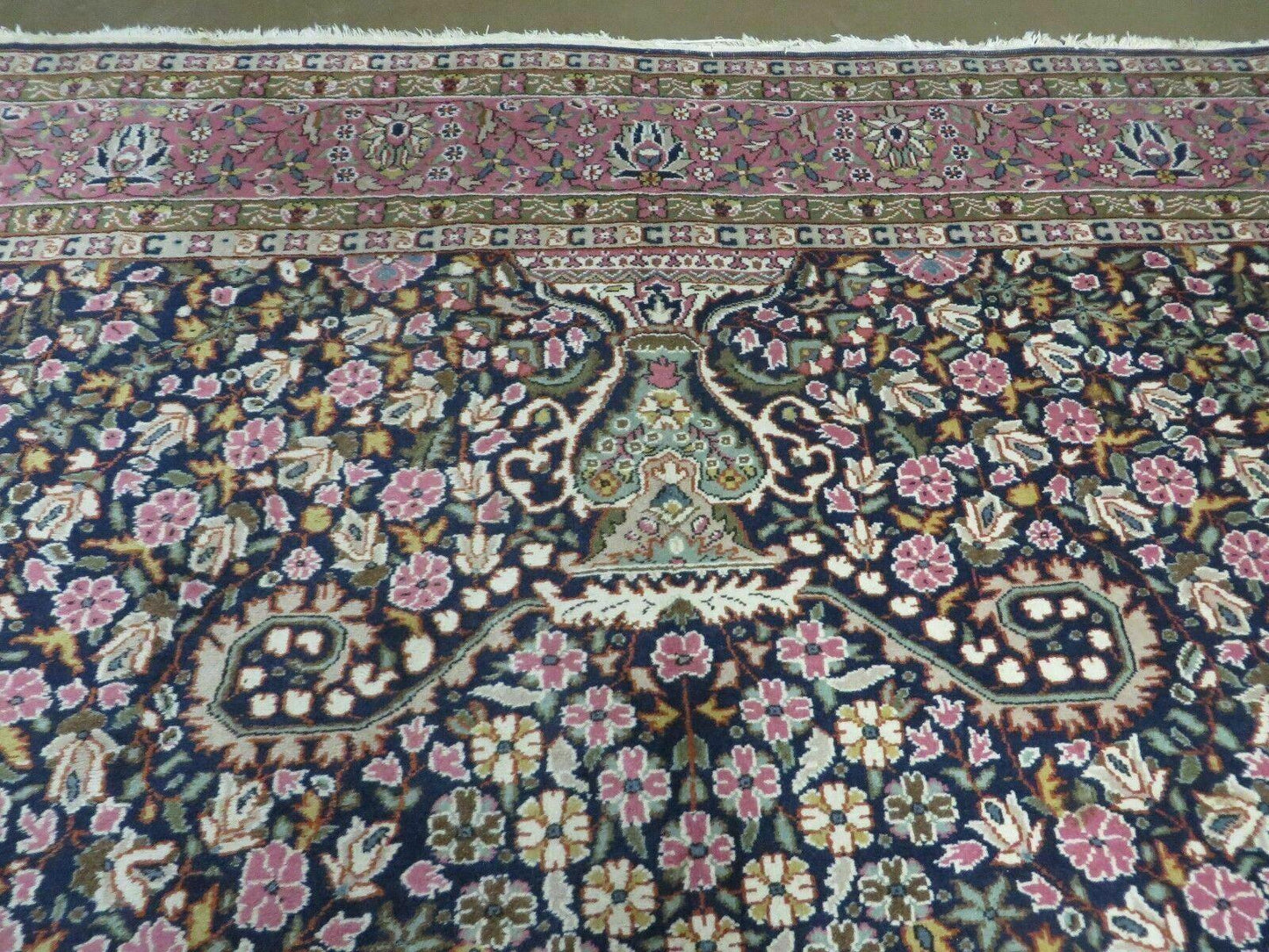 Turkish Sivas Rug 7x11, Navy Blue & Pink, Millifluer Floral Wool Carpet, Vintage - Nuvé