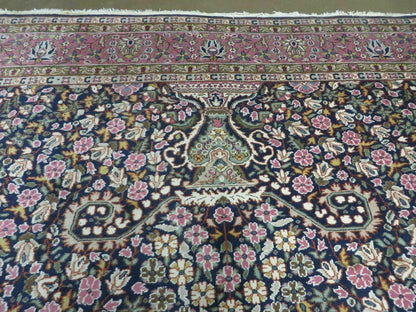 Turkish Sivas Rug 7x11, Navy Blue & Pink, Millifluer Floral Wool Carpet, Vintage - Nuvé