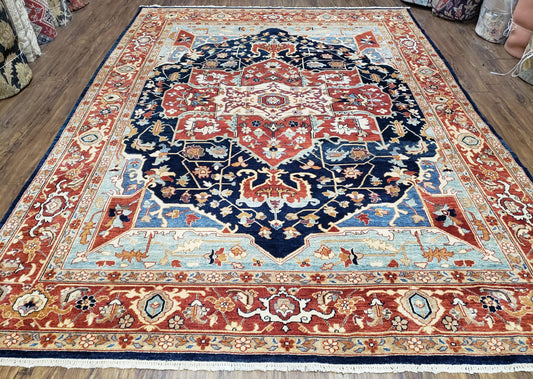 Safavieh Samarkand Heriz Rug 8x9 ft, Colorful Serapi Room Sized Hand-Knotted Wool Carpet, Tribal Rug, Vintage Oriental Rug, Navy Blue & Red - Nuvé
