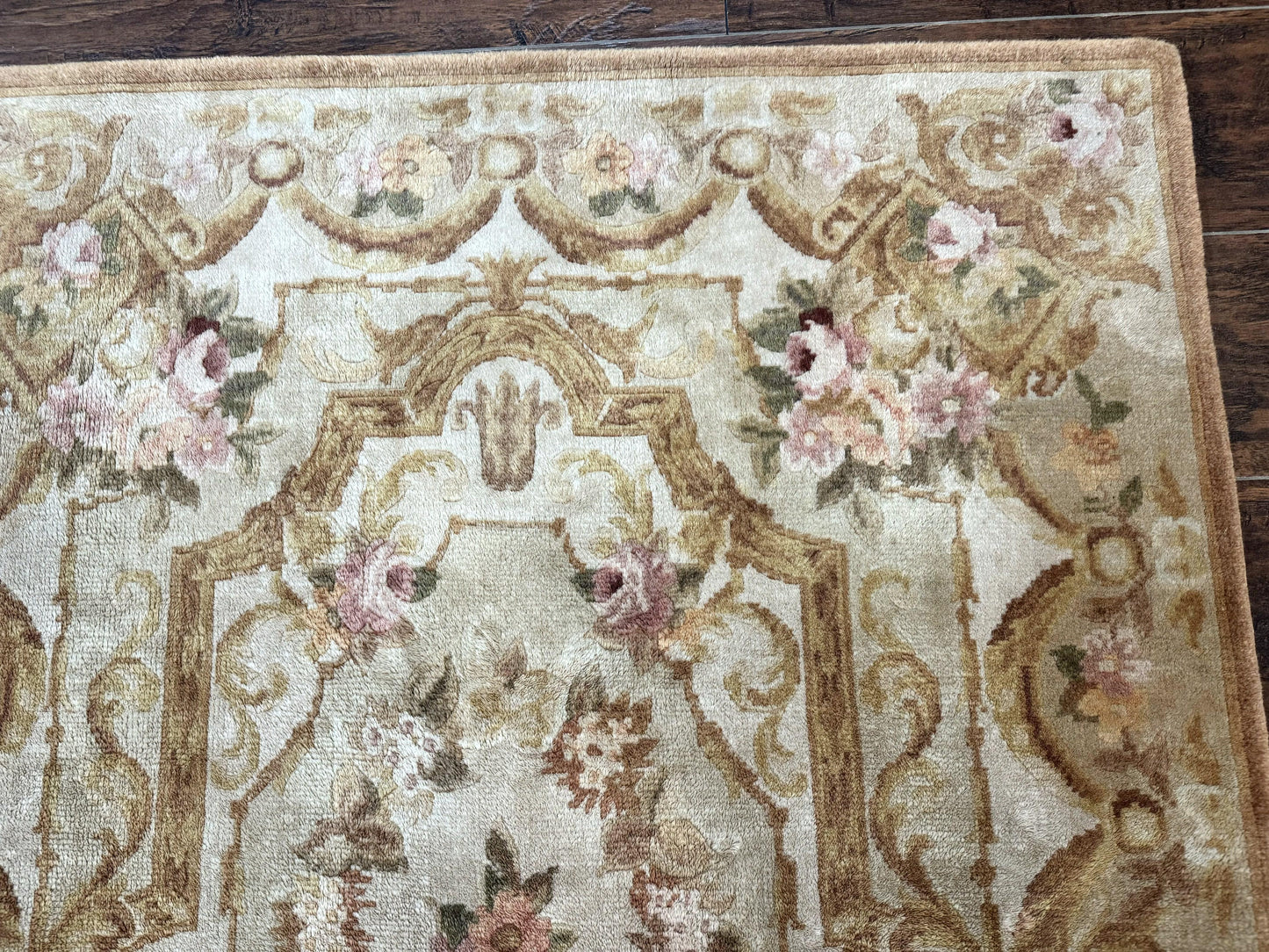 Chinese Aubusson Rug 3.6 x 5, Beige and Gold, Handmade Vintage Elegant European Design Carpet, Plush Wool, Handmade - Nuvé