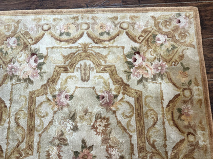 Chinese Aubusson Rug 3.6 x 5, Beige and Gold, Handmade Vintage Elegant European Design Carpet, Plush Wool, Handmade - Nuvé