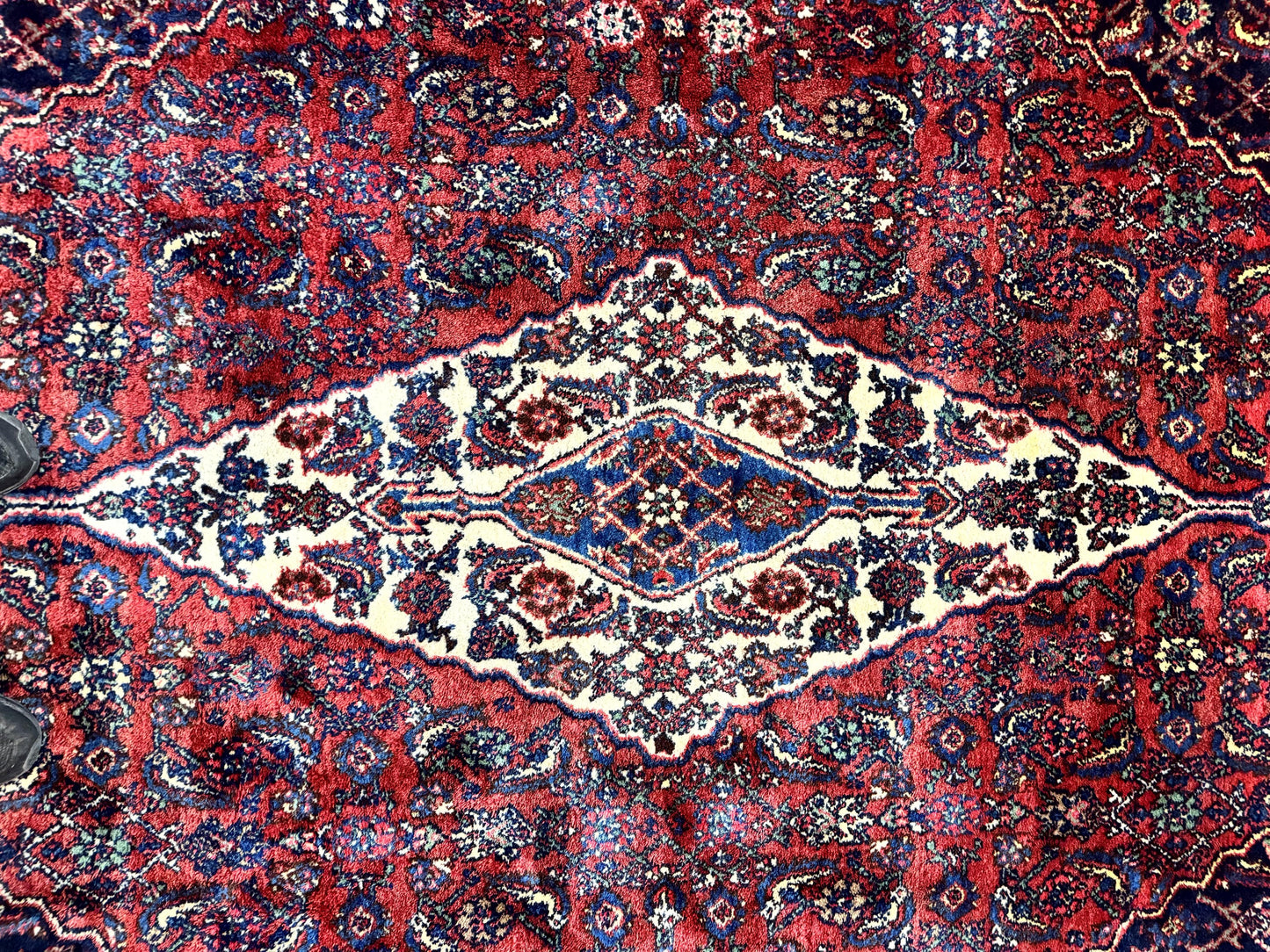 Antique Persian Hamadan Tribal Rug 8x10, Red and Ivory, Medallion Rug, Wool Handmade Carpet - Nuvé