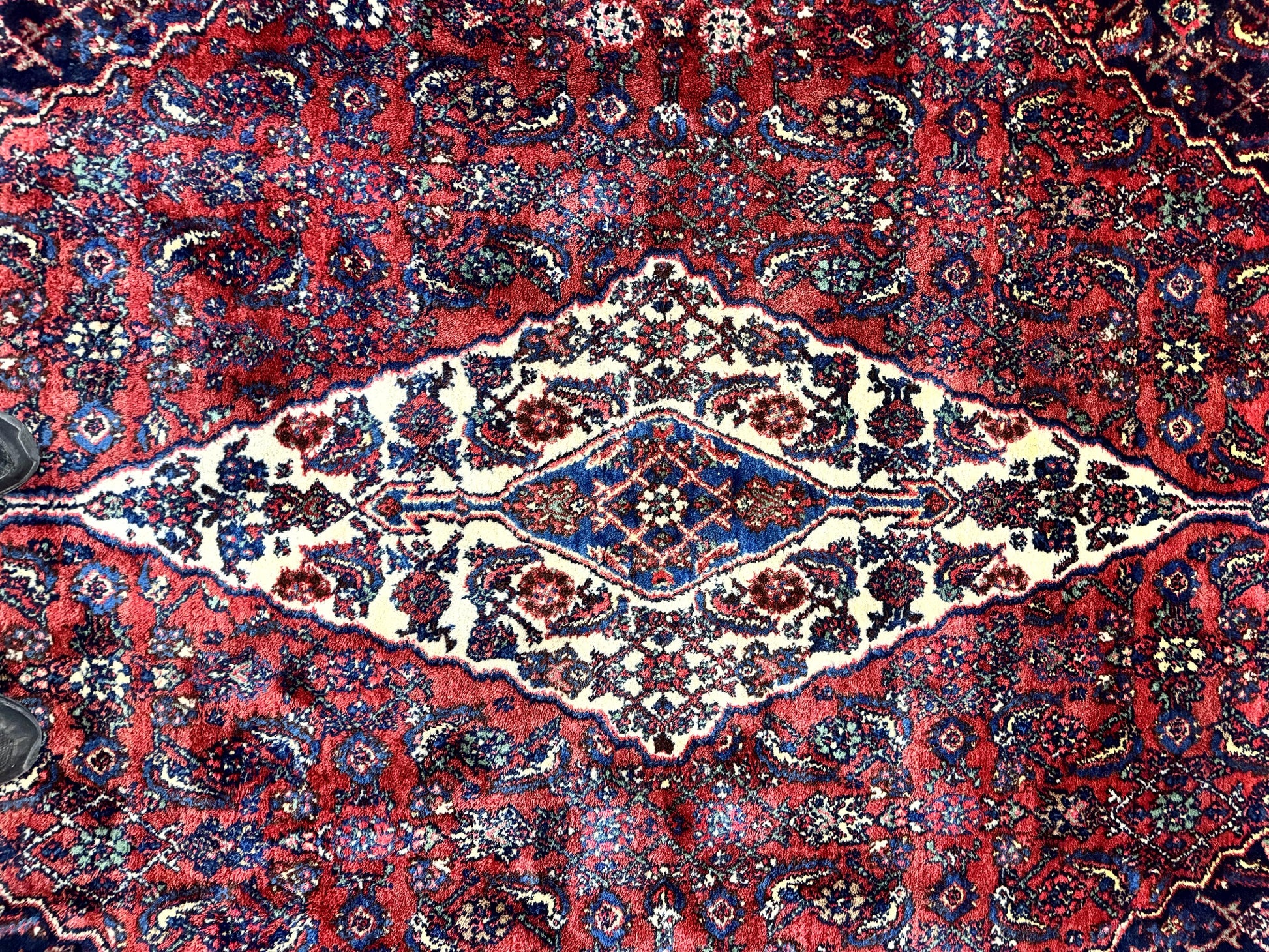 Antique Persian Hamadan Tribal Rug 8x10, Red and Ivory, Medallion Rug, Wool Handmade Carpet - Nuvé