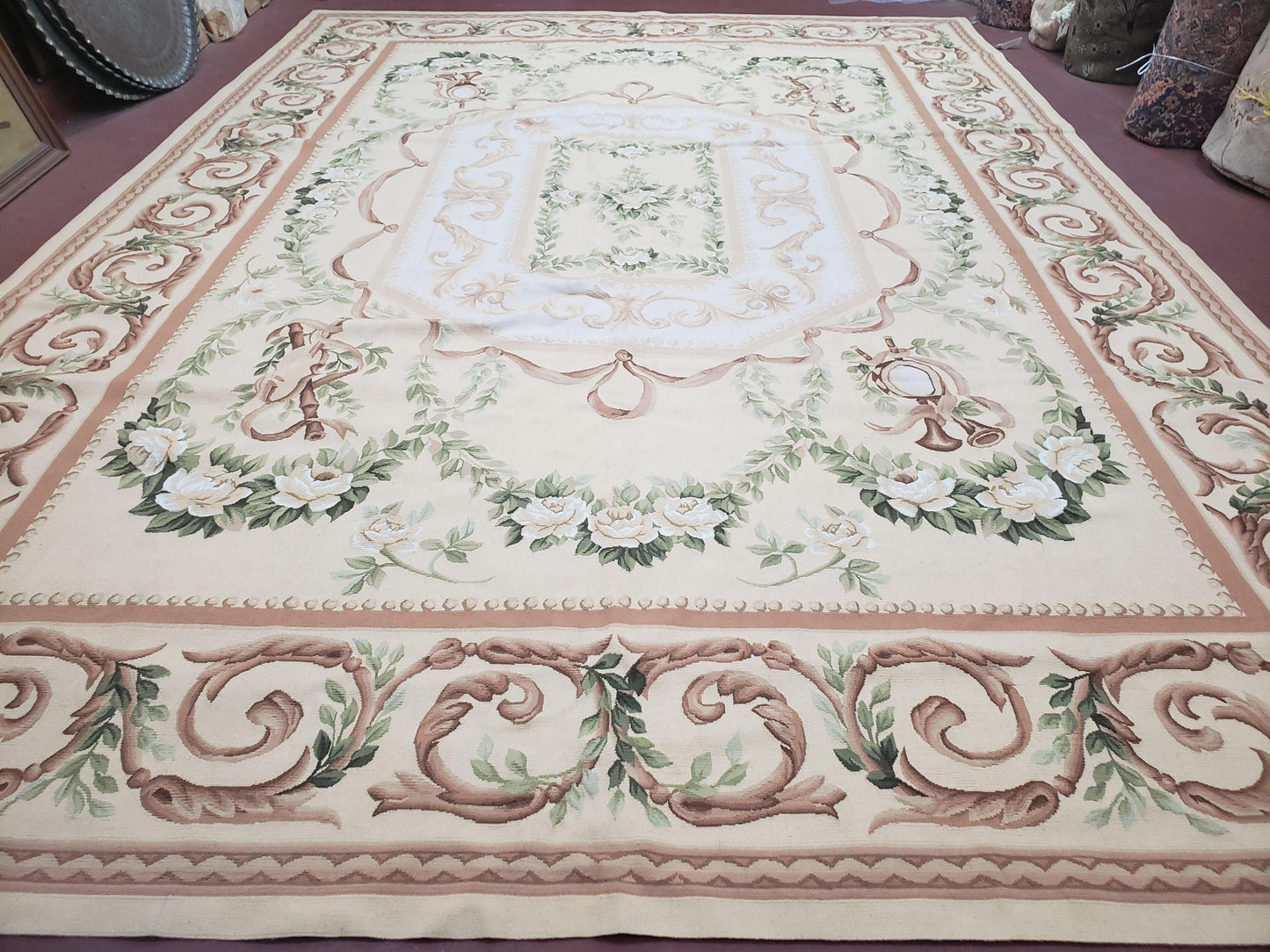 Elegant Aubusson Rug 10 x 14, Cream and Ivory Simple Aubusson Floral Carpet, Hand-Woven, European, New Aubusson Rug, Wool Area Rug, Violins - Nuvé