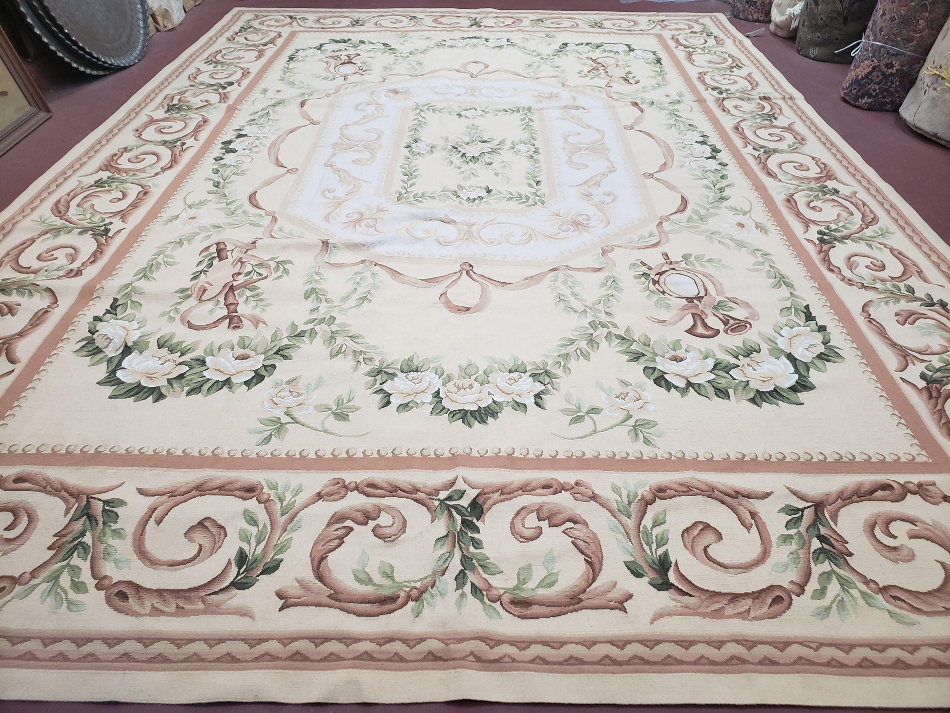 Elegant Aubusson Rug 10 x 14, Cream and Ivory Simple Aubusson Floral Carpet, Hand-Woven, European, New Aubusson Rug, Wool Area Rug, Violins - Nuvé