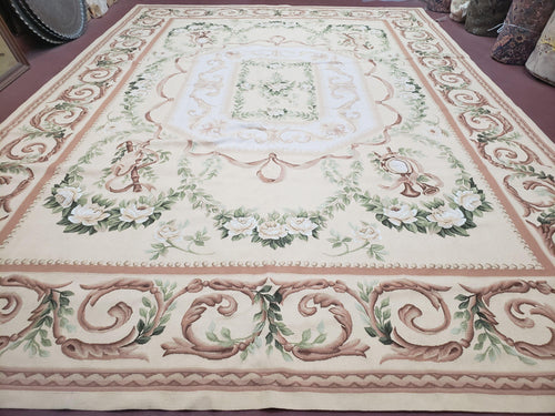 Elegant Aubusson Rug 10 x 14, Cream and Ivory Simple Aubusson Floral Carpet, Hand-Woven, European, New Aubusson Rug, Wool Area Rug, Violins - Nuvé