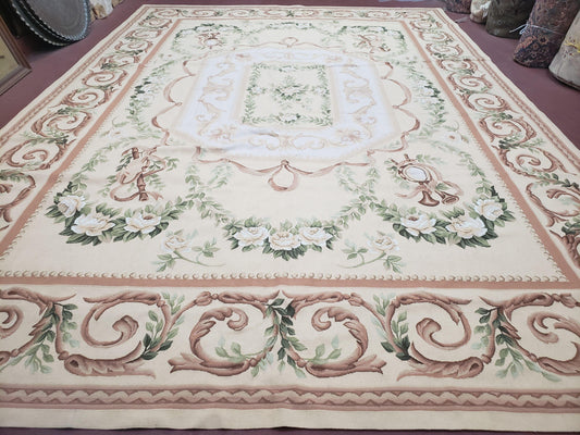 Elegant Aubusson Rug 10 x 14, Cream and Ivory Simple Aubusson Floral Carpet, Hand-Woven, European, New Aubusson Rug, Wool Area Rug, Violins - Nuvé