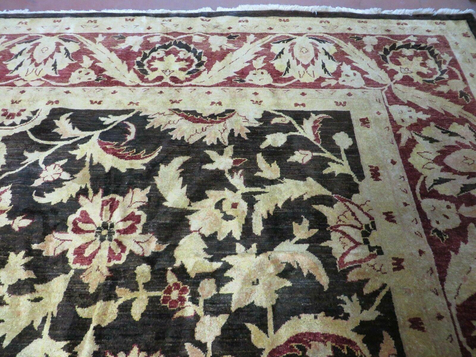 11' X 15' Vintage Hand Knotted Indian Agra Wool Rug Hand Made Dark Brown Floral - Nuvé