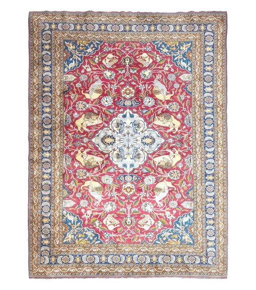 Antique Turkish Sivas Area Rug 8x11, Hand-Knotted, Vintage Red Wool Carpet, Gazelles Lions, Boteh Border, 8' x 11' Top Quality Oriental Rug