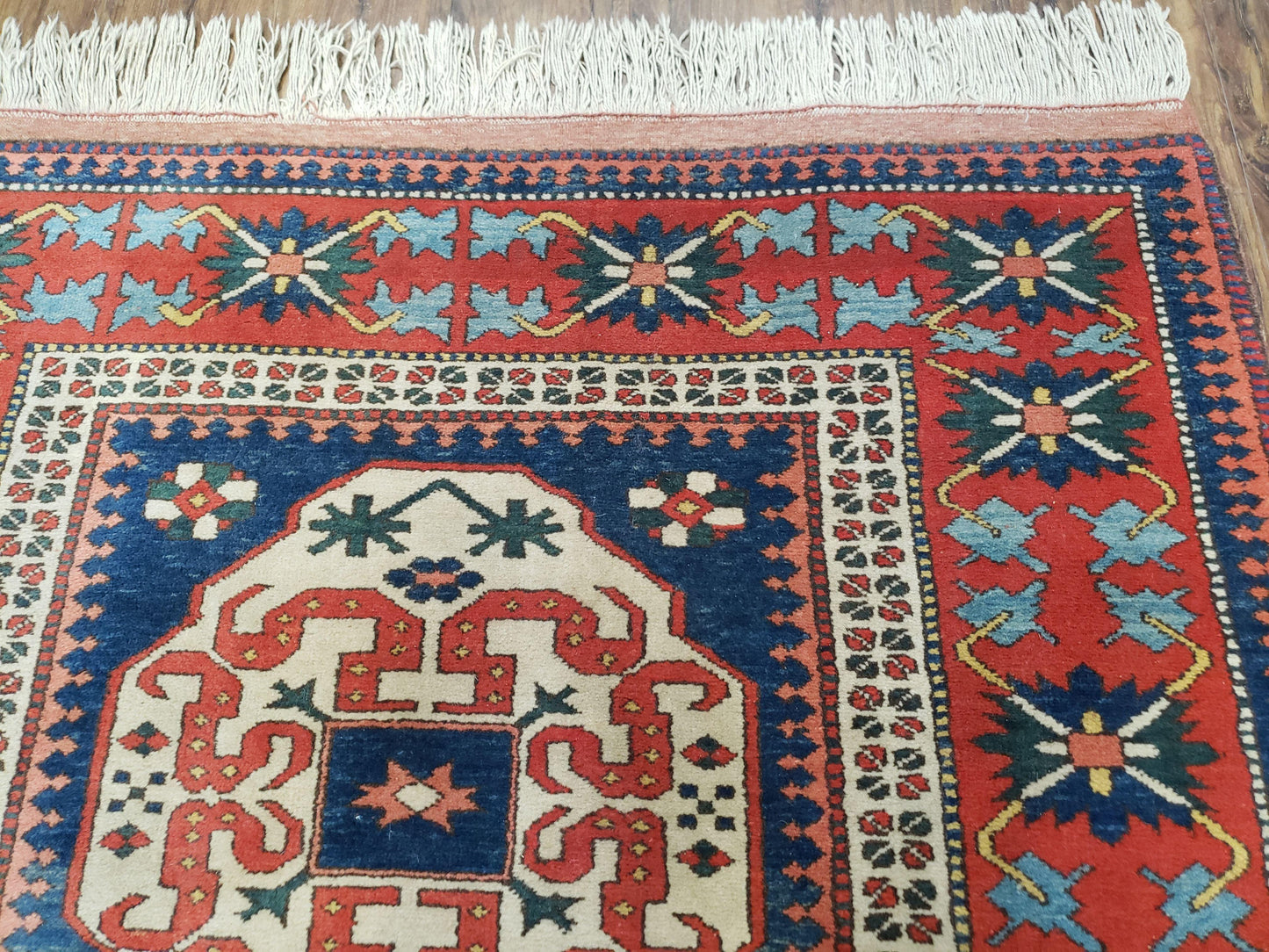 Turkish Kazak Rug 5x6 Vintage Handmade Wool Carpet Geometric Blue Red - Nuvé