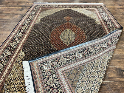Persian Tabriz Rug 7x10, Very Fine 330 KPSI 50 Raj, Black and Beige, Handmade Wool Vintage Persian Carpet - Nuvé