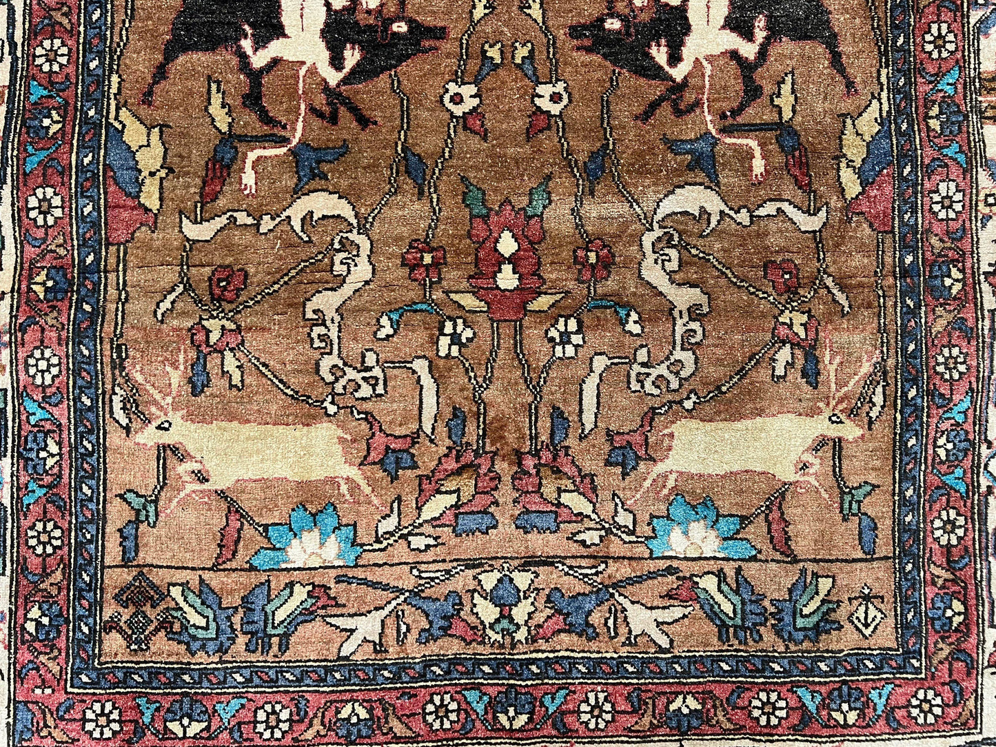 Unique Afghan Silk Rug 4x6, Hunting Pattern Animal Motifs, Light Brown and Cream, Persian Handwritten Poetry, Fine 1940s Oriental Carpet Wow - Nuvé