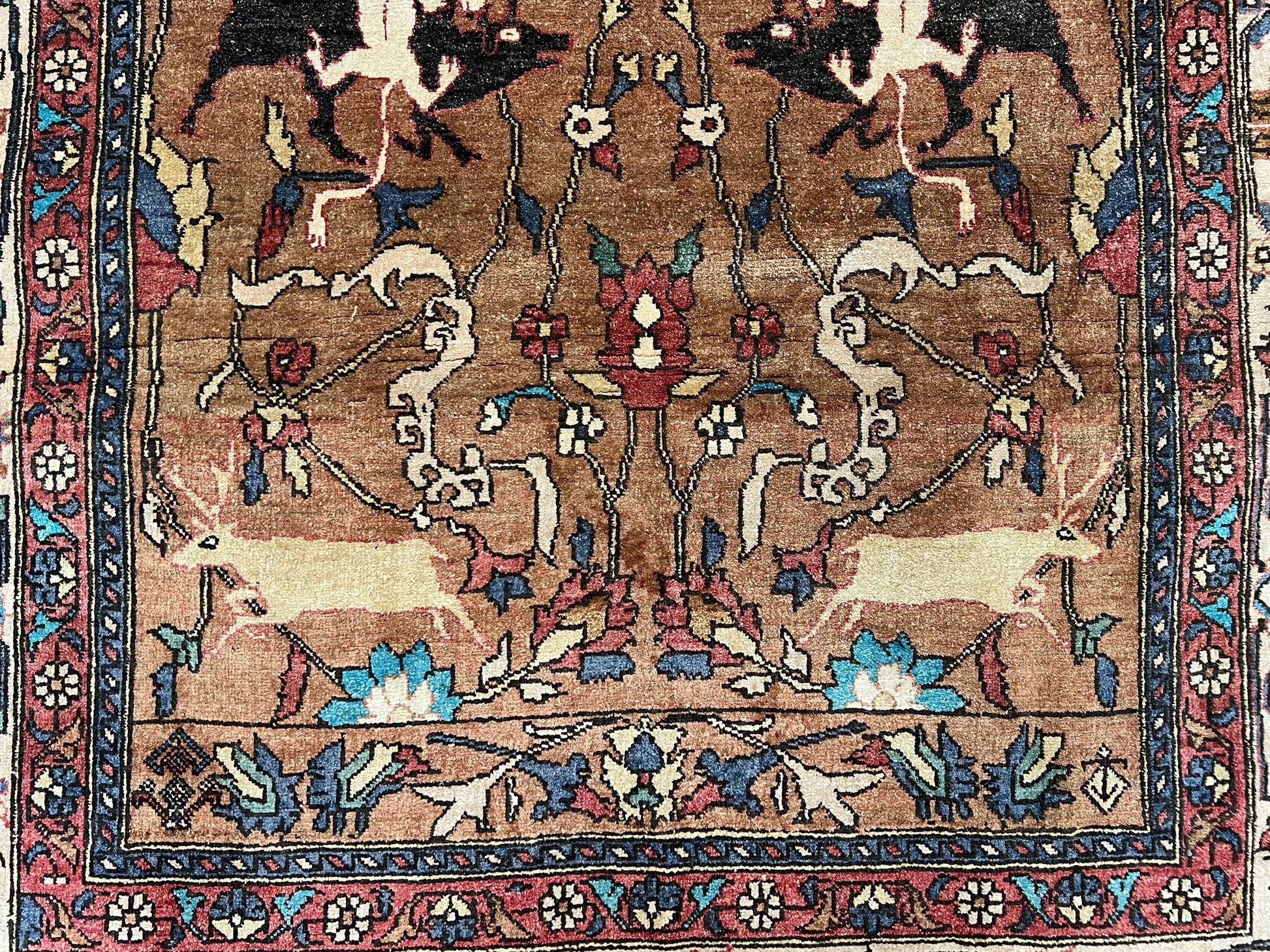 Unique Afghan Silk Rug 4x6, Hunting Pattern Animal Motifs, Light Brown and Cream, Persian Handwritten Poetry, Fine 1940s Oriental Carpet Wow - Nuvé