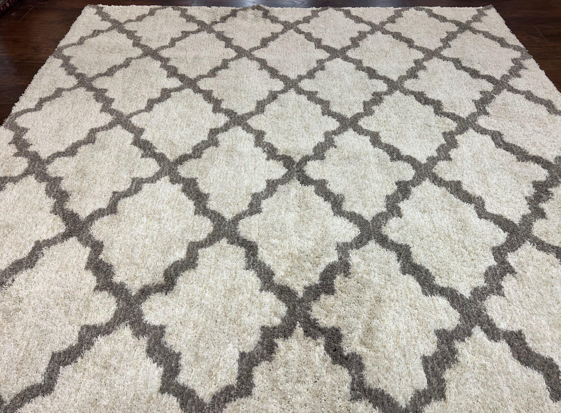 Modern Shag Rug, Ivory and Gray, Diamond Panel Design, Room Sized Area Rug - Nuvé