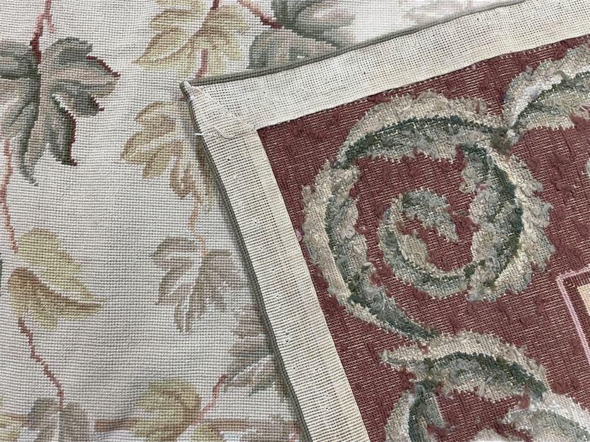 Traditional Aubusson Needlepoint Rug 9 x 12, Flowers, Flatweave Carpet, Hand-Knotted, Brand New, Cream Color, Green, Maroon Red, Wool - Nuvé