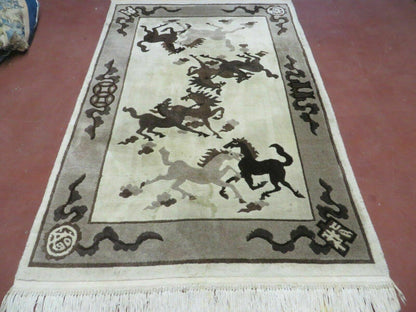 4' X 6' Modern Tibetan Nepal Art Deco Chinese Hand Knotted Wool Rug Horses Nice - Nuvé