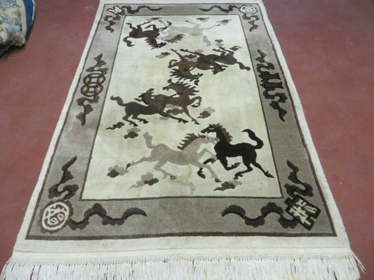 4' X 6' Modern Tibetan Nepal Art Deco Chinese Hand Knotted Wool Rug Horses Nice - Nuvé