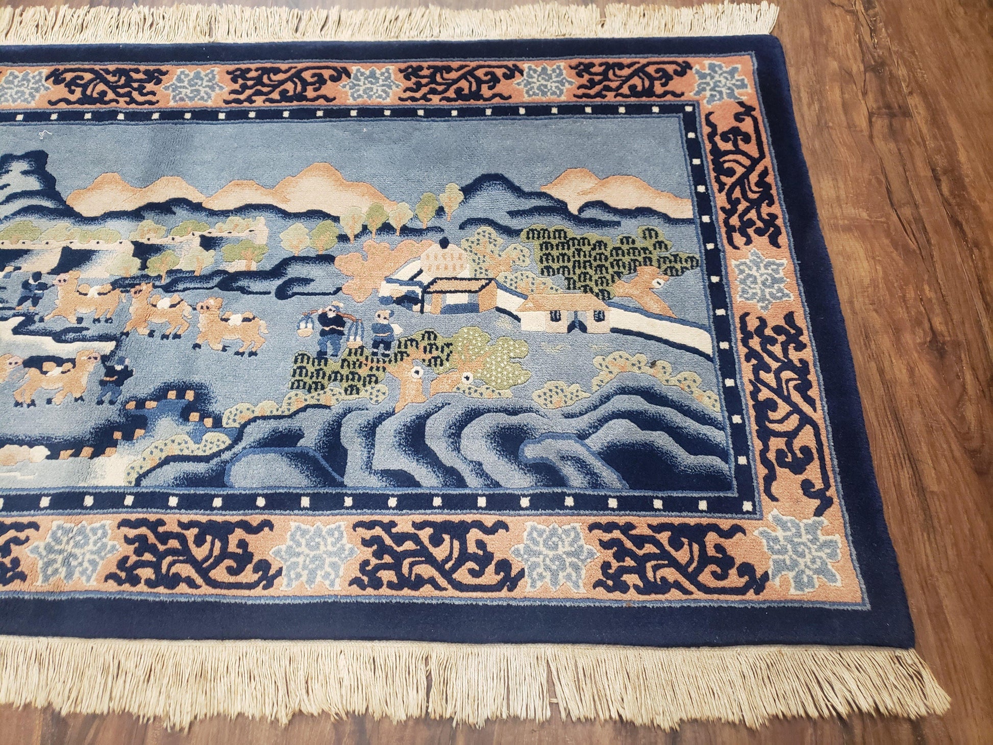 Vintage Chinese Pictorial Rug 2'4" x 4' 7", Chinese Village, Wool Hand-Knotted Blue & Teal Fine Carpet, Tapestry Rug, Woven Wall Art - Nuvé