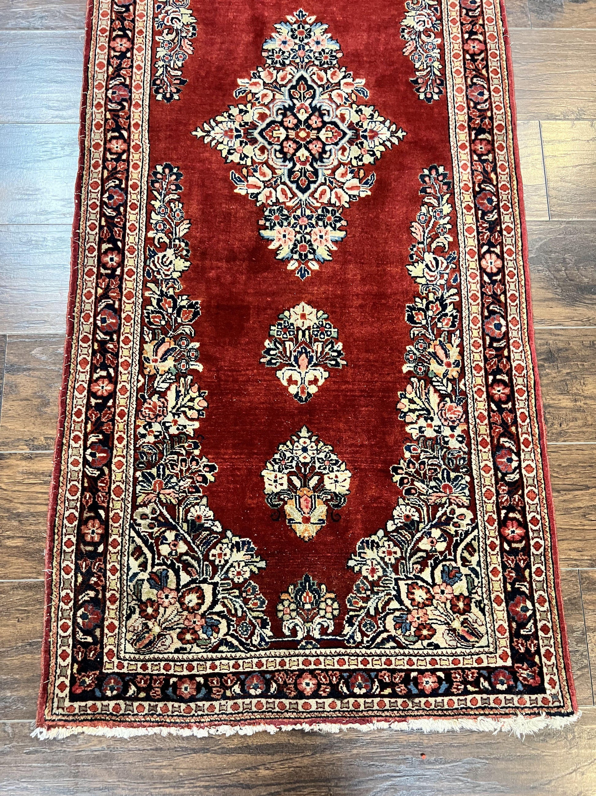 Persian Sarouk Runner Rug 2.7 x 6, Semi Open Field, Red, Handmade Hand Knotted, Wool Oriental Carpet, Vintage Semi Antique - Nuvé