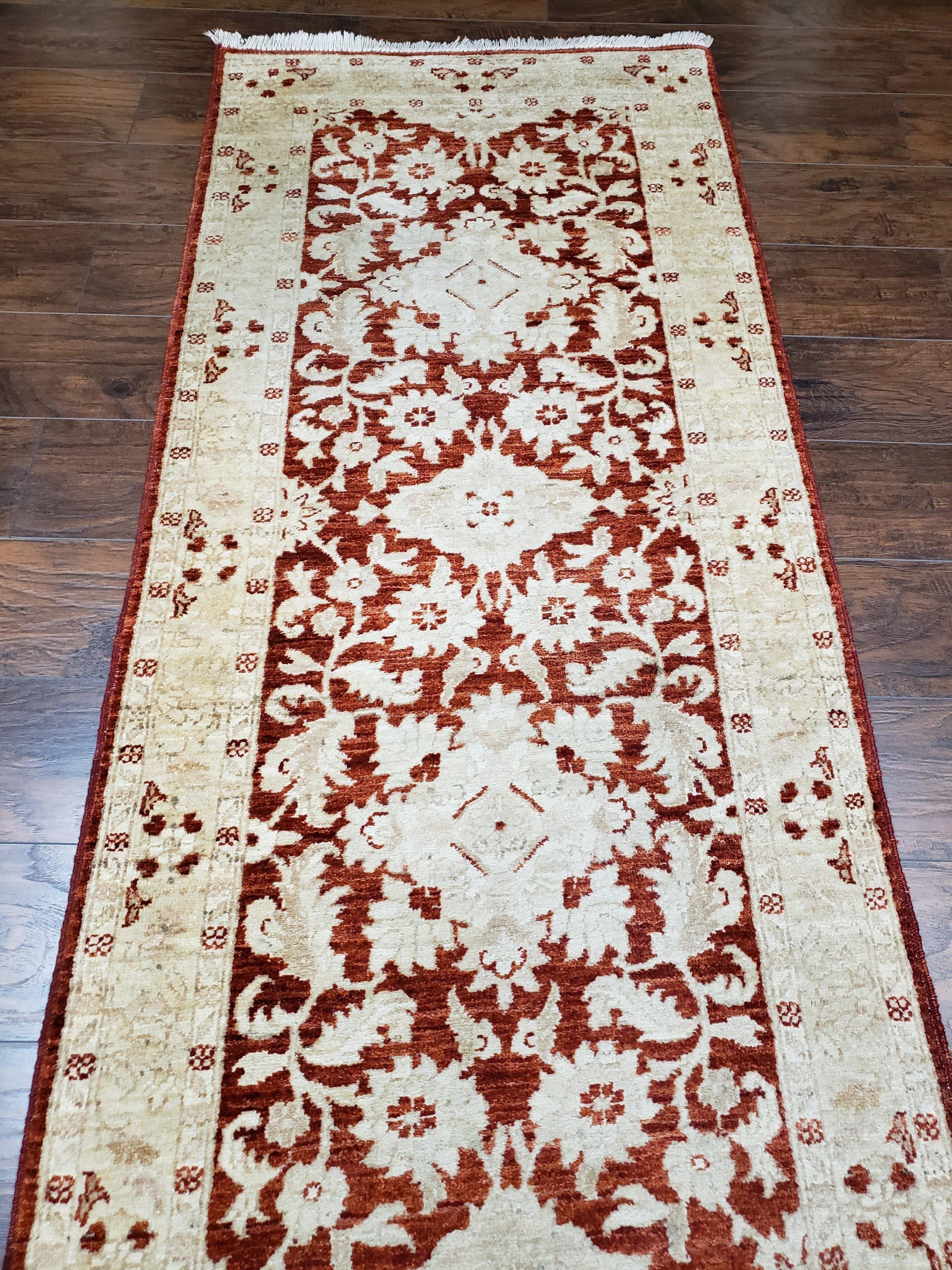 21 ft Runner Rug Long Hallway Runner, 3 x 21 Corridor Rug, Peshawar Pak Persian Chobi Agra Rug, Maroon and Beige Large Flowers Wool Handmade - Nuvé