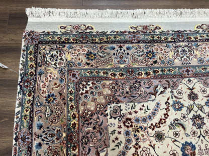 Beautiful Pak Persian Rug 6x9, Floral Medallion, Wool and Silk, Highly Detailed Elegant Carpet, Vintage Oriental Rug 6 x 9, Cream and Gray - Nuvé