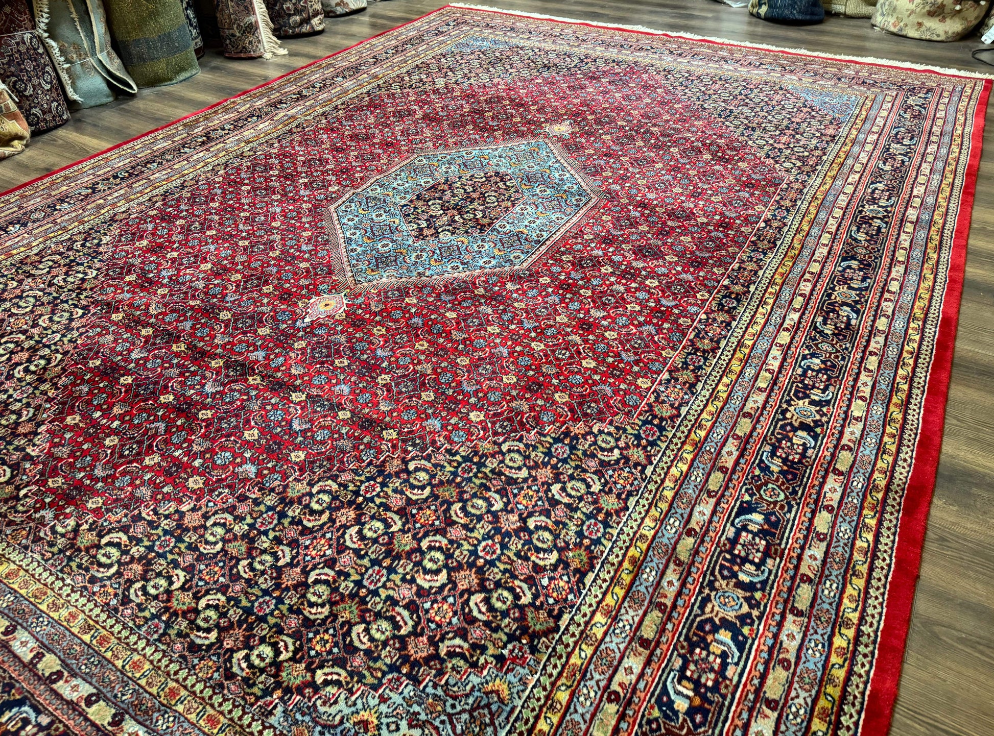 Indo Persian Bidjar Rug 10x14, Red and Dark Blue, Herati Mahi Pattern, Vintage - Nuvé