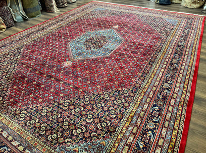 Indo Persian Bidjar Rug 10x14, Red and Dark Blue, Herati Mahi Pattern, Vintage - Nuvé