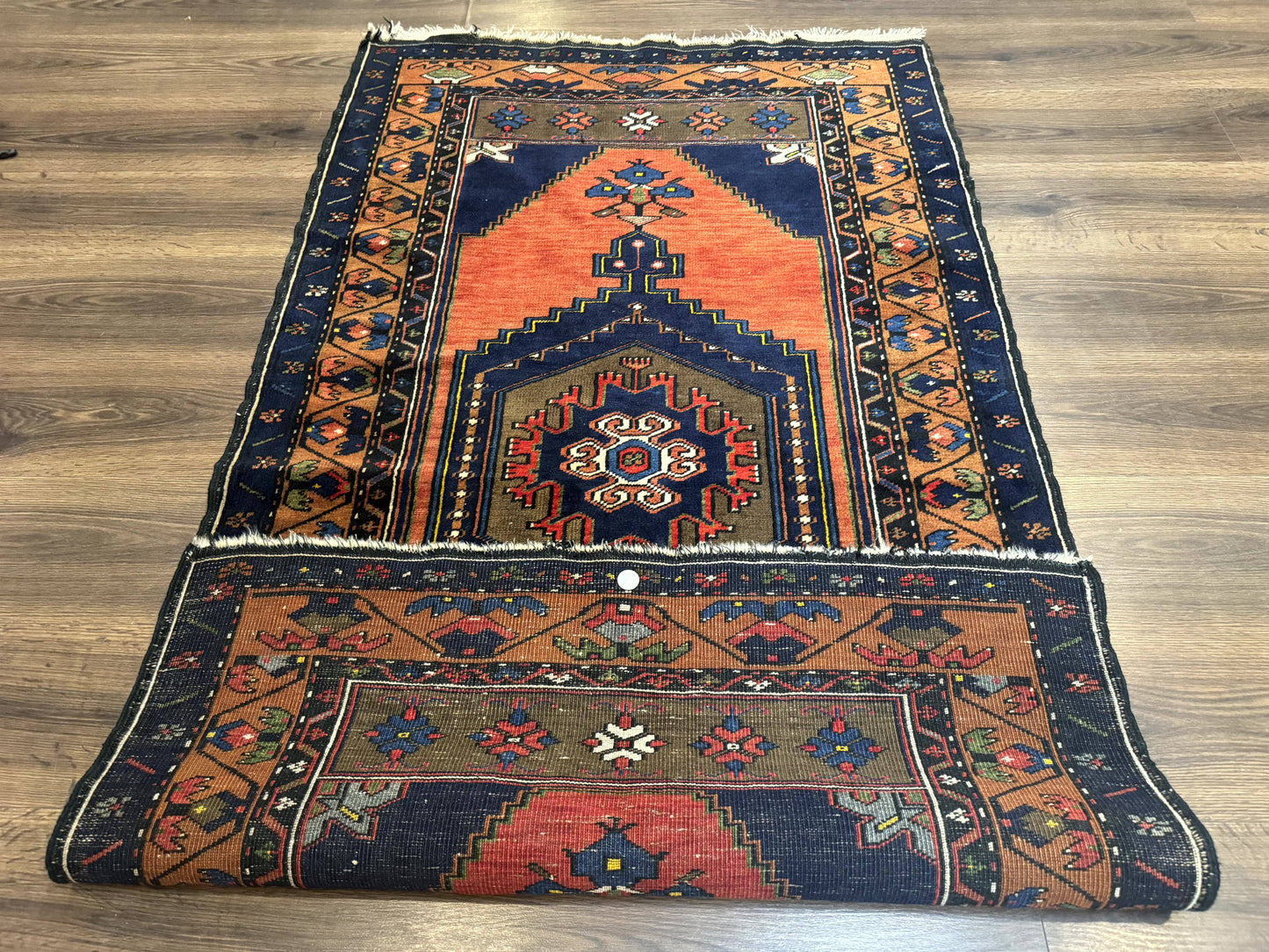 Persian Rug 3x6, Geometric Medallion, Village Tribal Rug, Terracotta and Navy Blue, Antique Nahavand Hamadan Rug - Nuvé