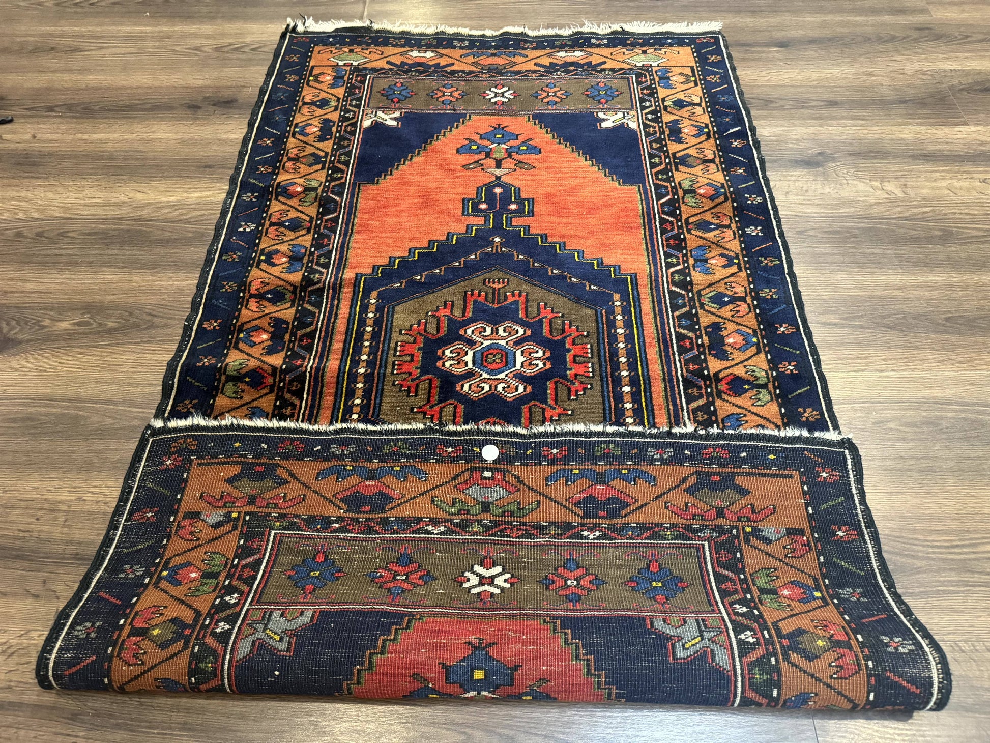 Persian Rug 3x6, Geometric Medallion, Village Tribal Rug, Terracotta and Navy Blue, Antique Nahavand Hamadan Rug - Nuvé