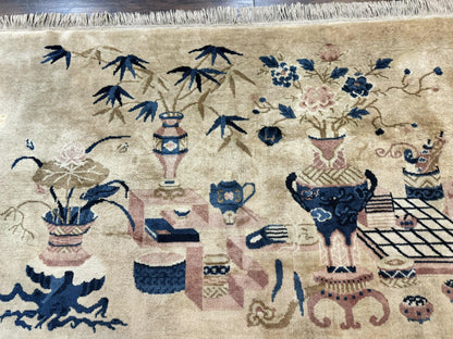 Chinese Rug 5x3, Horizontal Rug, Vases Flowers, Handmade Antique Vintage Carpet, Peking Rug, Chinese Wool Rug - Nuvé