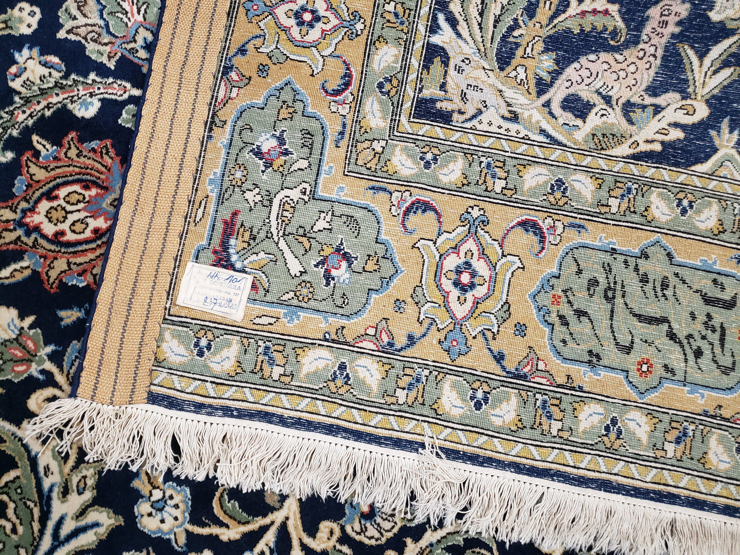 Semi Antique Persian Qum Tree of Life Rug, Hand-Knotted, Wool, Midnight Blue and Tan, Animal Pictorials, Written Poem in Borders, 4' 8" x 7' 8"