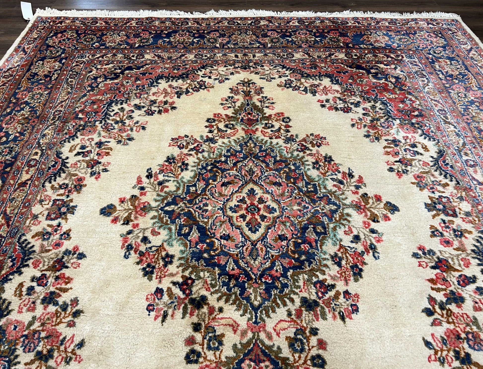 Persian Rug 9x10, Hamadan Rug, Antique Oriental Carpet, Wool Rug, Semi Open Field, Cream and Navy Blue, Kirman Design Hand Knotted Almost Square Rug - Nuvé