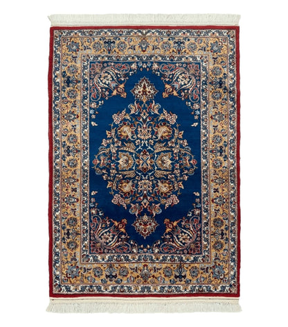 Blue Persian Qum Rug 3.6 x 5, Floral Medallion, Fine 310 KPSI